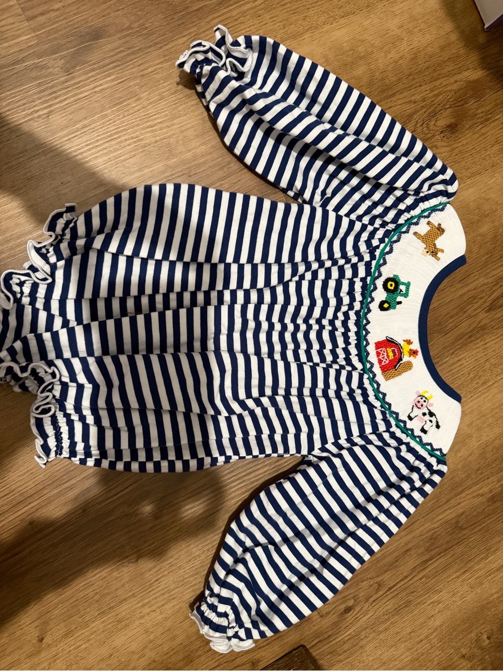Striped Navy Smocked Farm Animal One-Piece Bodysuit for Kids